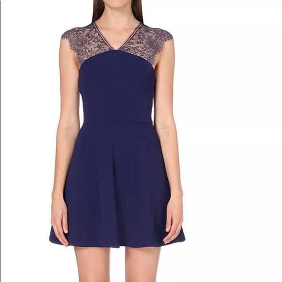 The Kooples Lace Sleeve Cocktail Dress Blue Fit Flare Crepe Medium - Picture 1 of 14